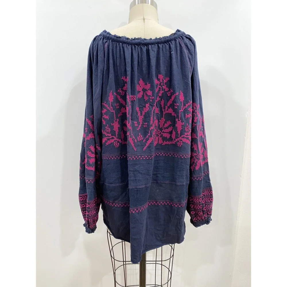 Free People Womens Tunic Top Blue Long Sleeve Peasant V Neck Embroidered Boho S - Picture 2 of 6
